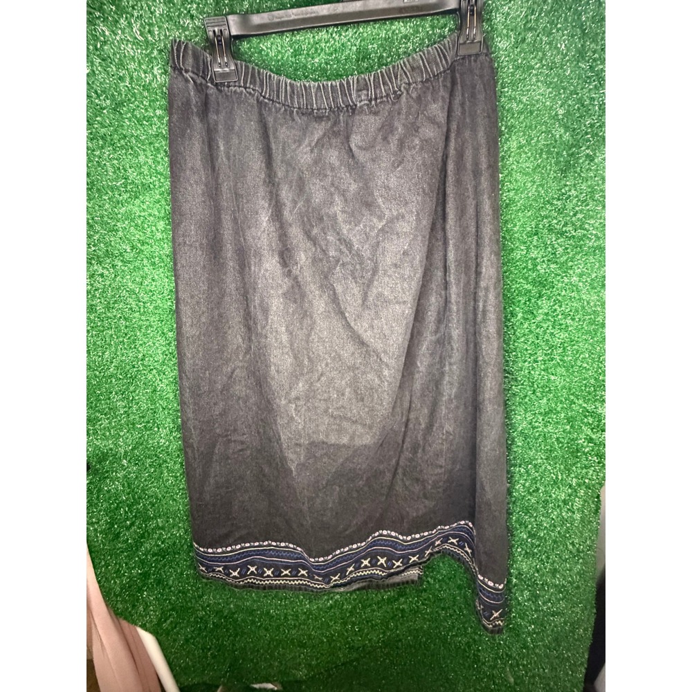 Vintage Denim & Co Embroidered Denim Midi Skirt 1X Dark Wash Boho 90s